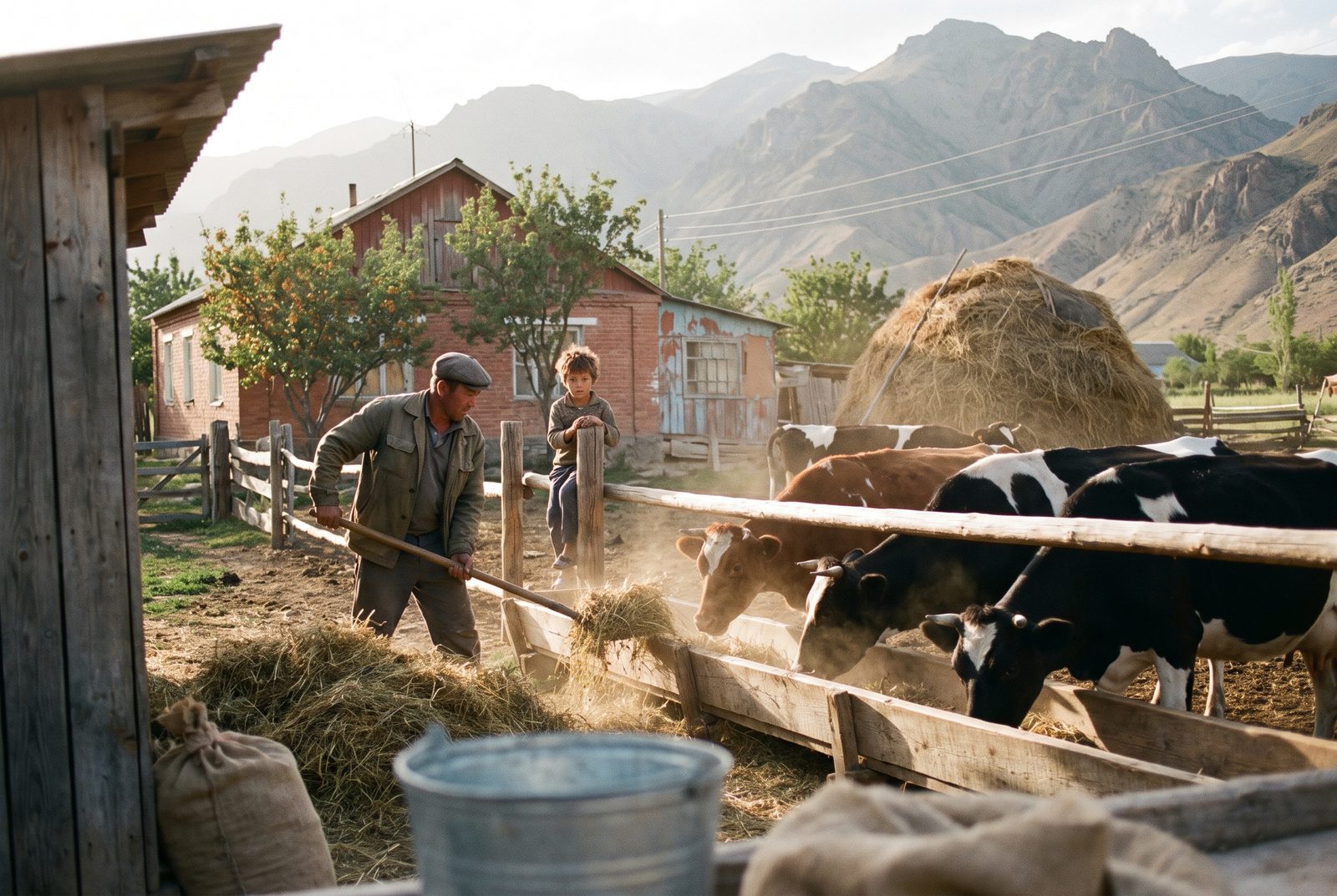 A farmer forks hay to his cows at evening while his son watches from the fence