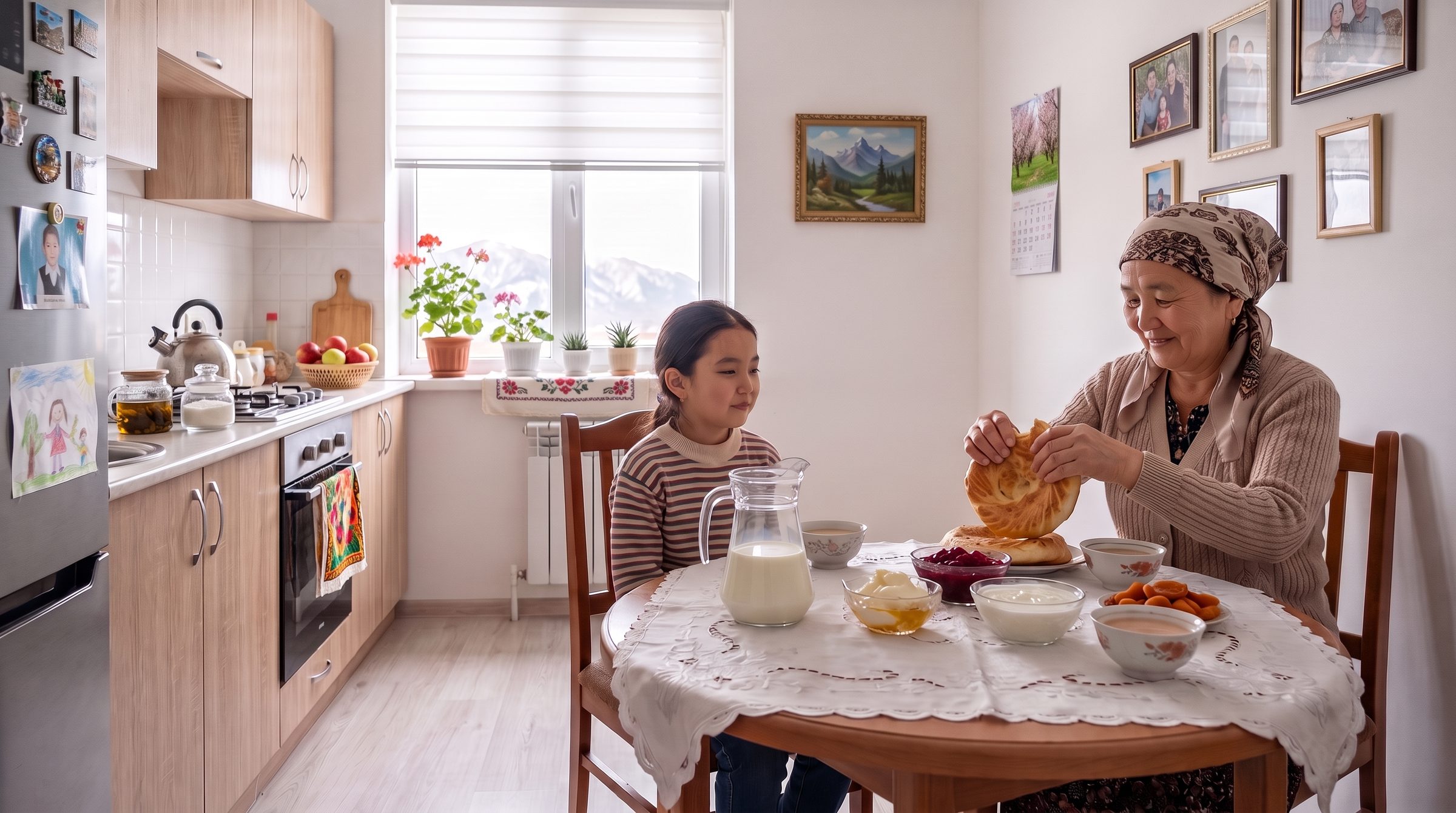 A grandmother breaks bread for her granddaughter at the kitchen table of a family flat in Talas: milk, kaymak with honey, beet suzma, qatiq, milky tea and dried apricots