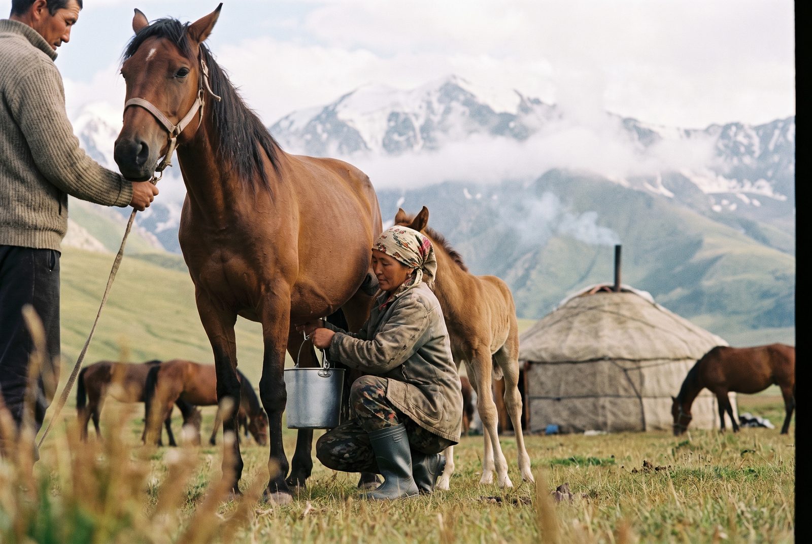 A herder milking a mare on the summer pasture, foal beside her
