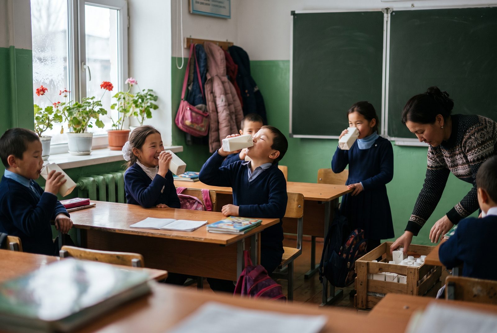 Pupils finish their school milk as the teacher hands out cartons from a wooden crate